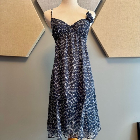 Chanel 2025P Navy Blue Floral Dress with cc chiffon FR38